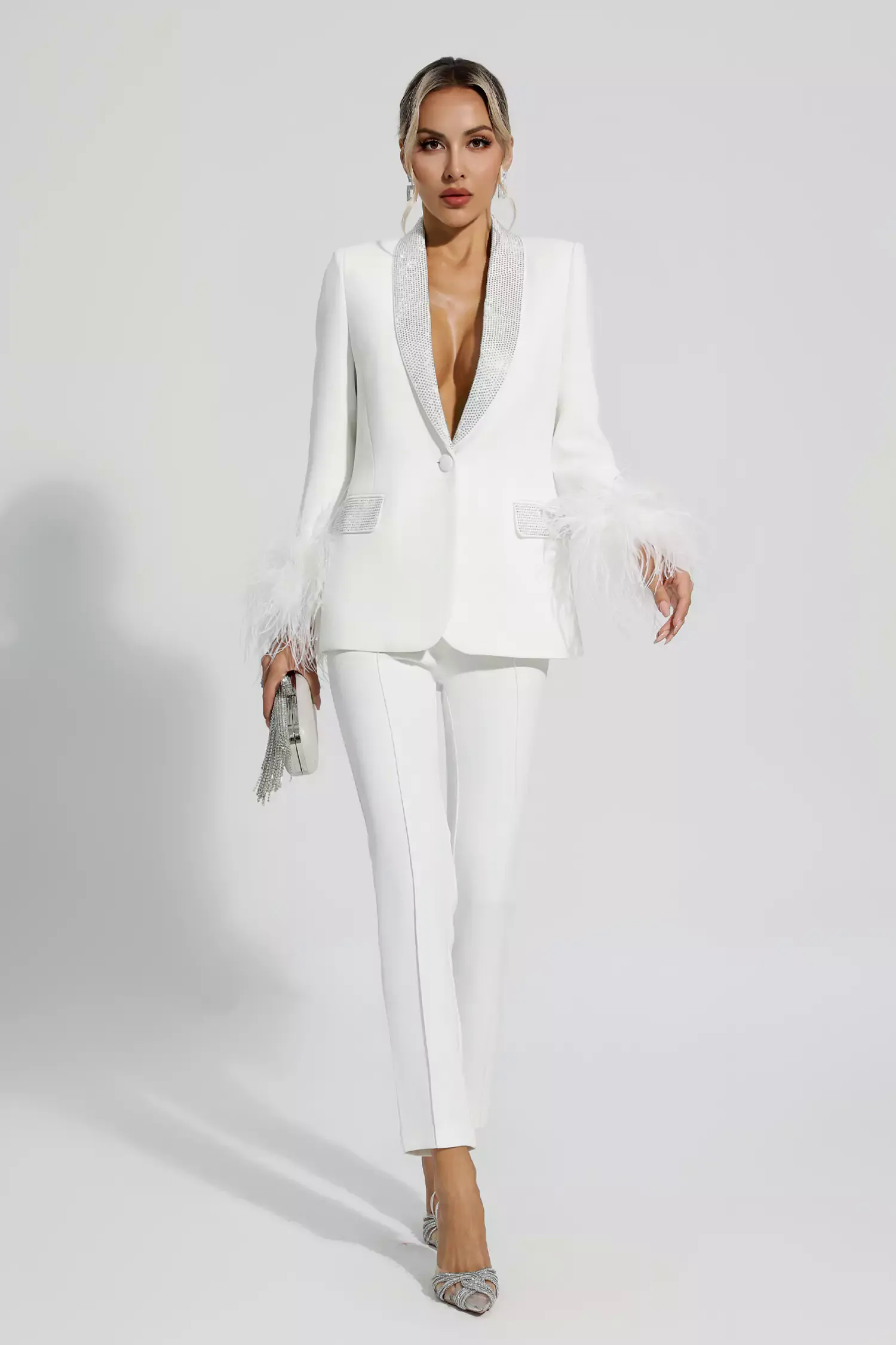Angel White Feather Trim Diamond Blazer Set