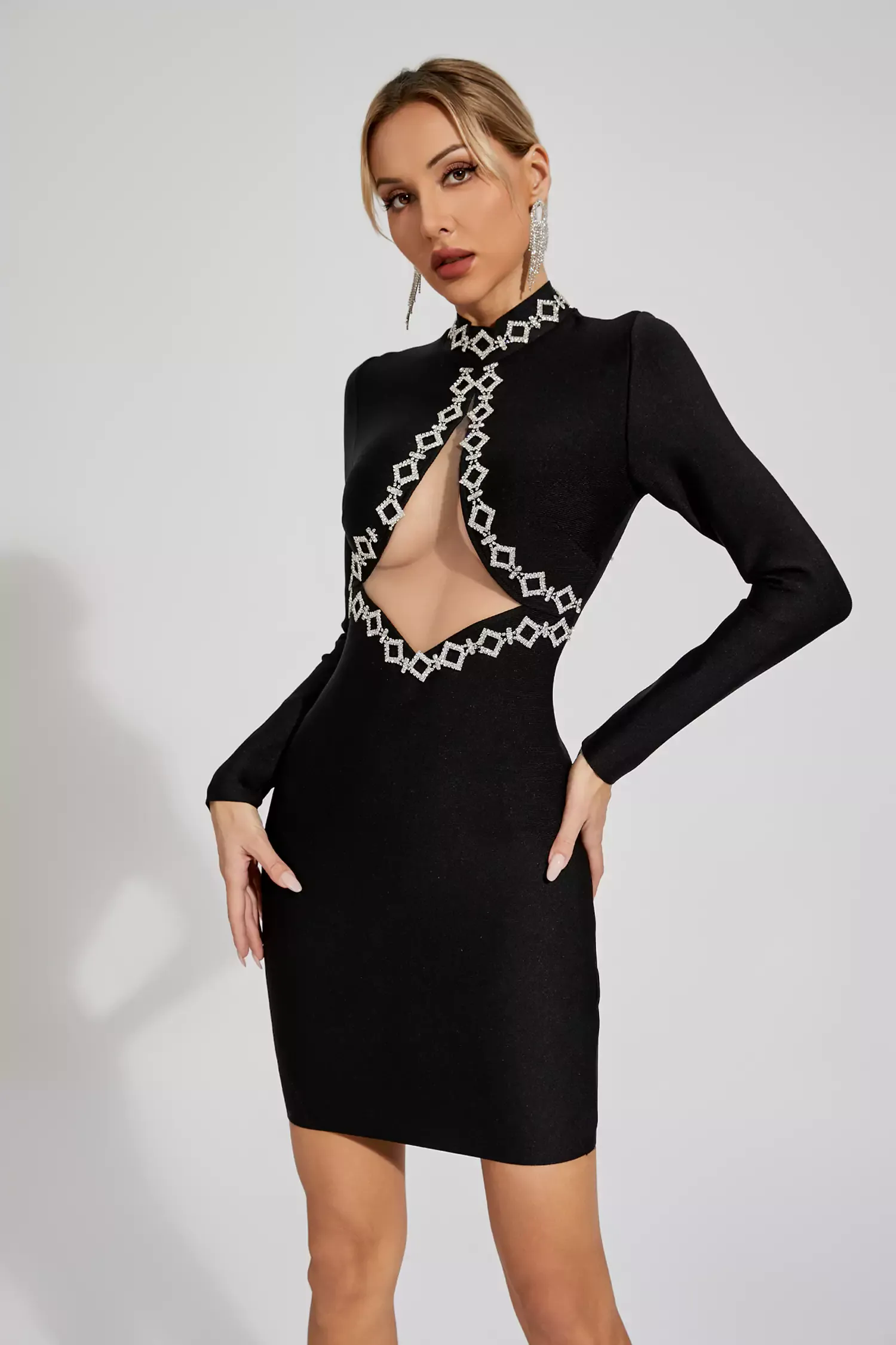 Clover Black Embellished Mesh Bandage Dress